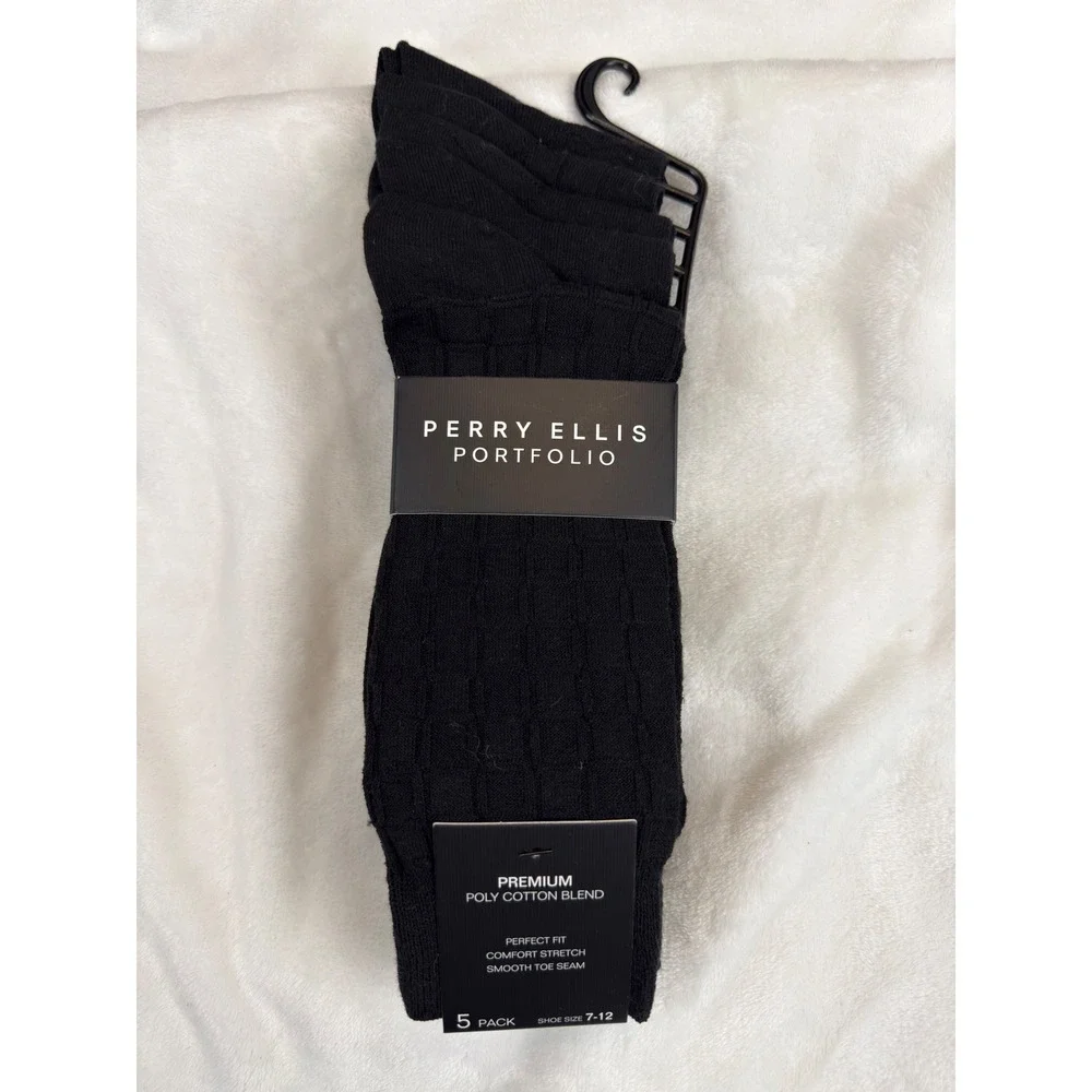 Perry Ellis Portfolio Mens Dress Socks 5 Pack Black Ribbed Textured Sz 7-12 New